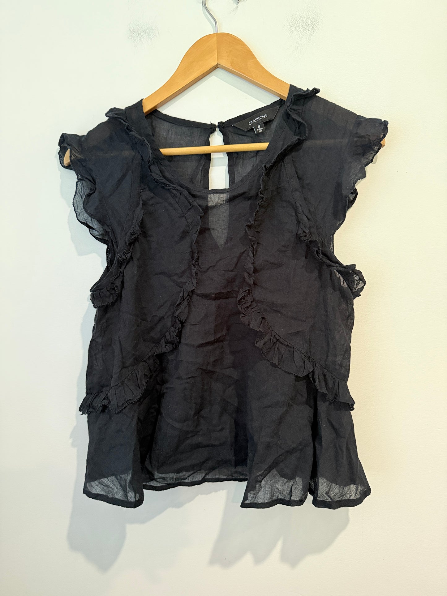 Glassons Ruffle Cotton Blouse - Black - Size 8