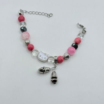 Girls Pink & Silver Beaded Hello Kitty Charm Bracelet