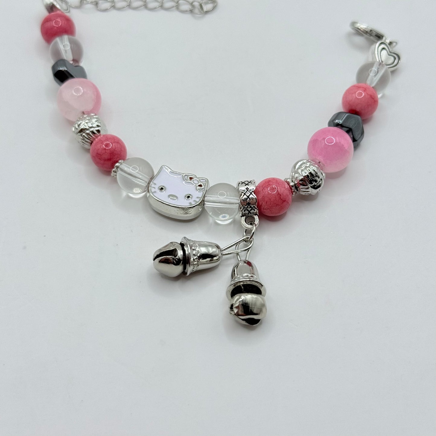 Girls Pink & Silver Beaded Hello Kitty Charm Bracelet