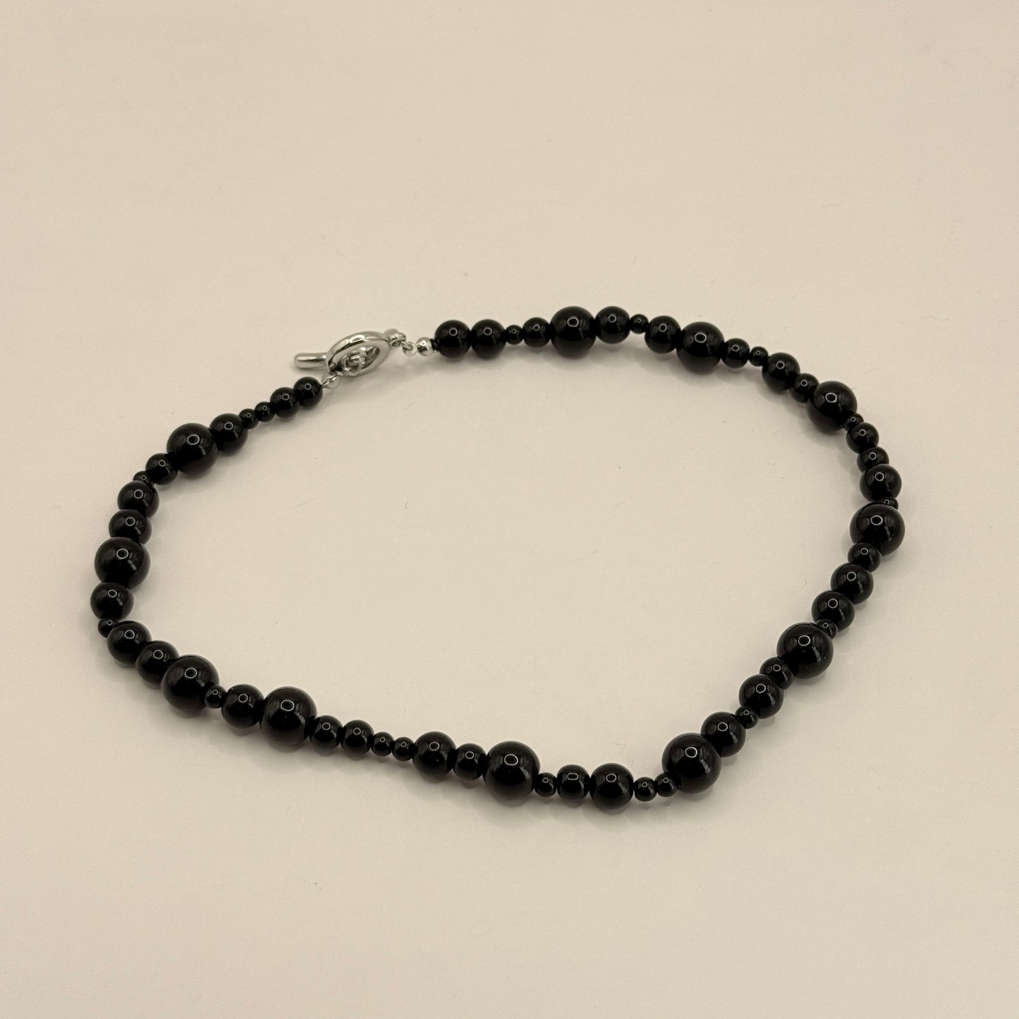 Polished Black Beaded Choker Necklace with Silver Toggle Clasp