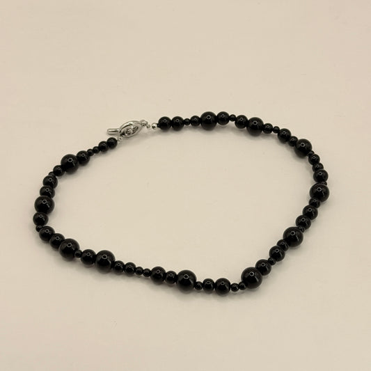 Polished Black Beaded Choker Necklace with Silver Toggle Clasp
