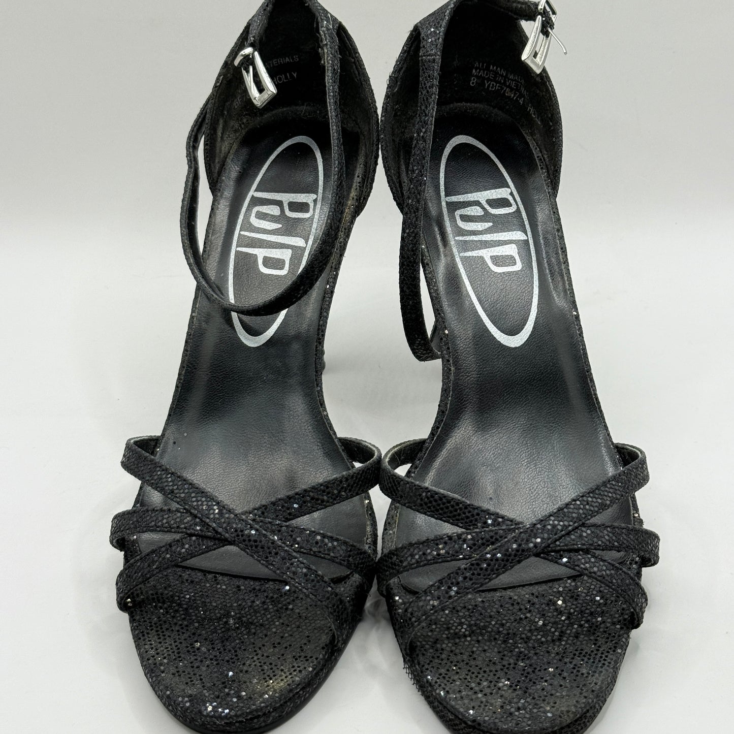 Pulp Black Glitter Ankle Strap Heels - Size 8