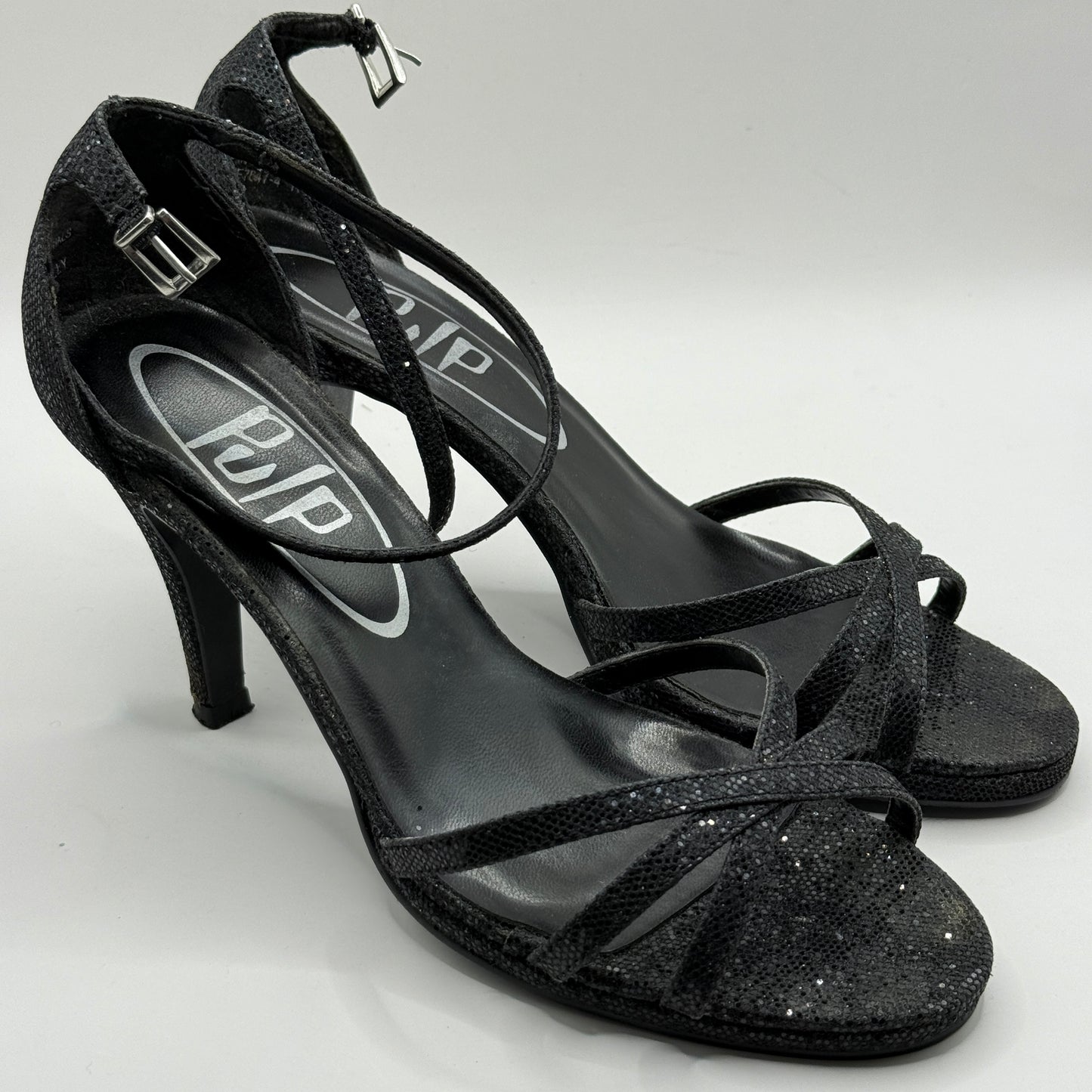 Pulp Black Glitter Ankle Strap Heels - Size 8