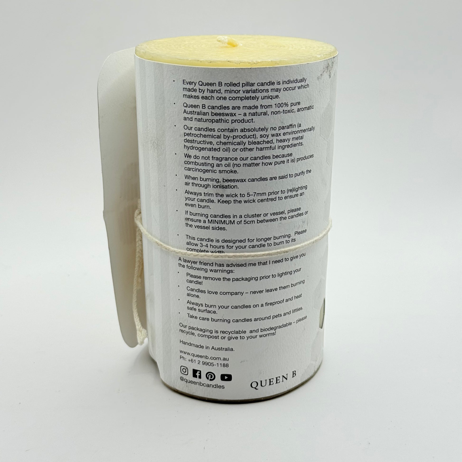 Queen b 15cm medium hand-rolled beeswax pillar candle - candles home&living materials
