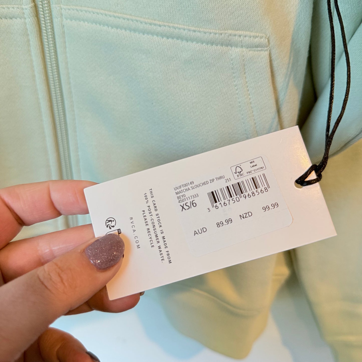 RVCA Matcha Slouched Zip Thru Sweatshirt Light Green