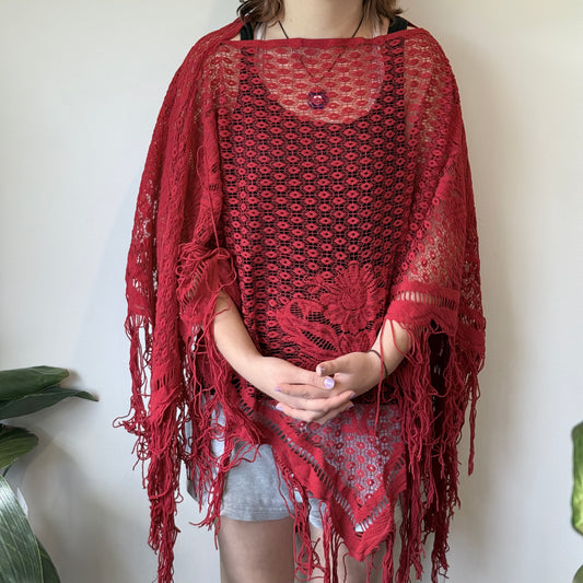 Red Lace Fringe Boho Poncho