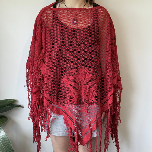Red Lace Fringe Boho Poncho
