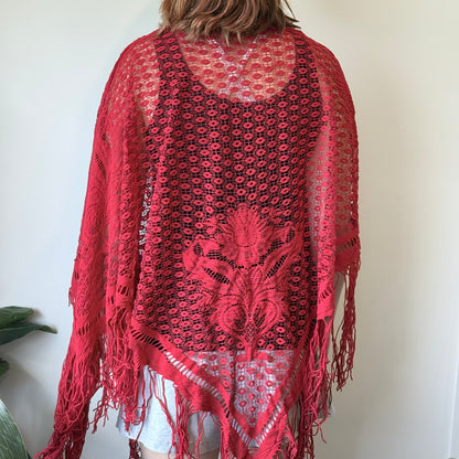 Red Lace Fringe Boho Poncho