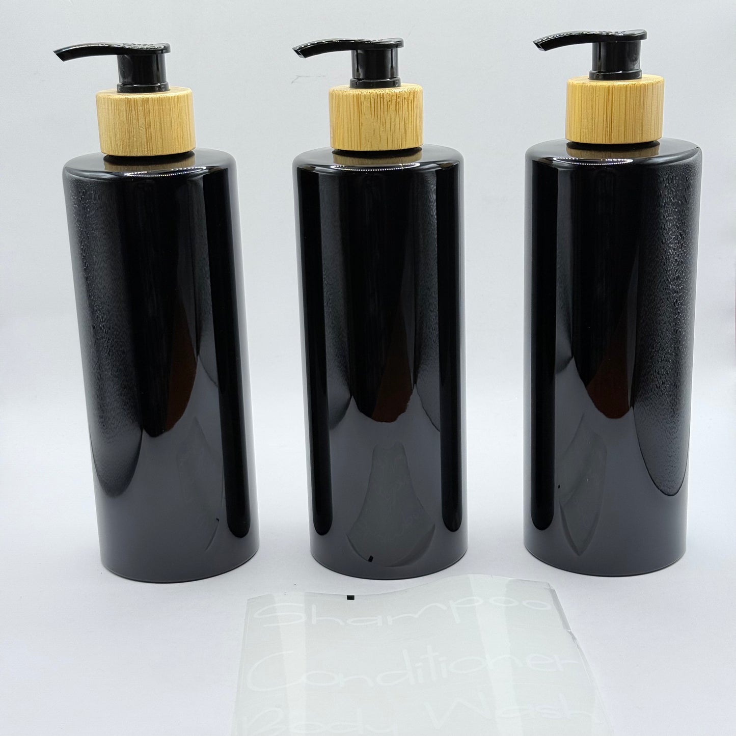 Bathroom Reusable Black & Bamboo Coloured Pump Bottle Set (3-Pack) with Labels
