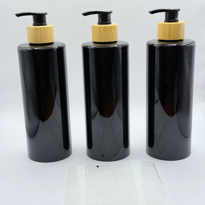 Bathroom Reusable Black & Bamboo Coloured Pump Bottle Set (3-Pack) with Labels