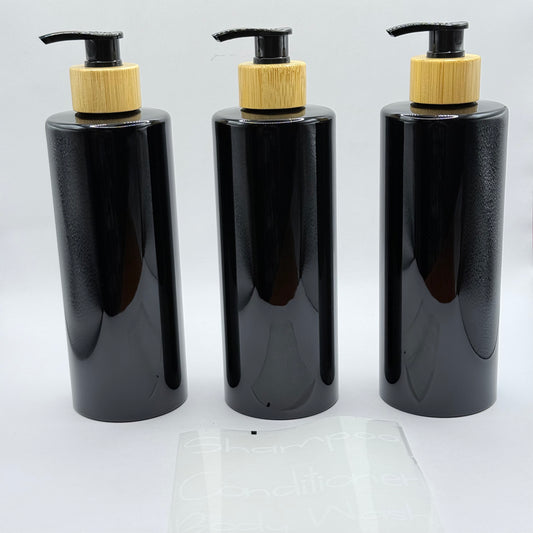 Bathroom Reusable Black & Bamboo Coloured Pump Bottle Set (3-Pack) with Labels