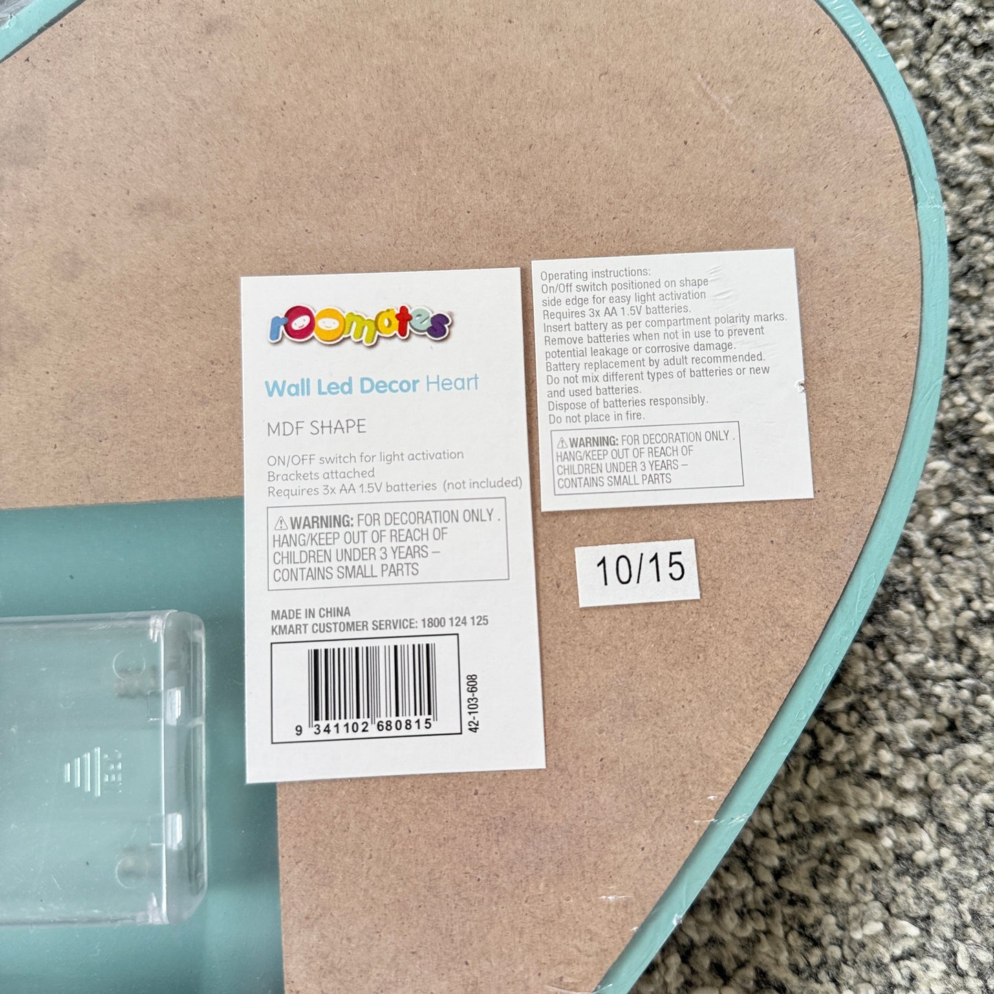 Roommates Wall LED Decor Heart Light Teal MDF