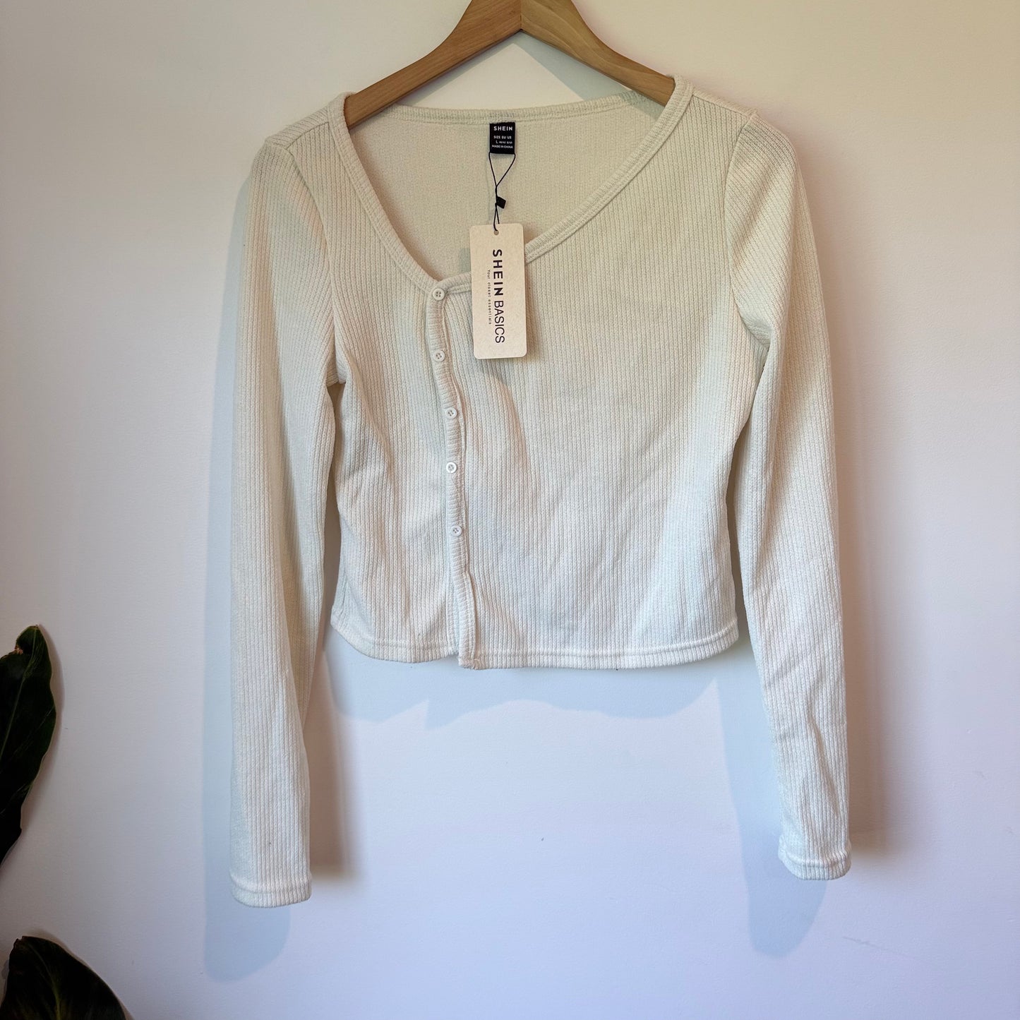 SHEIN BASICS Ribbed Long Sleeve Cropped Cardigan Top in Cream - Size L