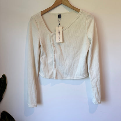 SHEIN BASICS Ribbed Long Sleeve Cropped Cardigan Top in Cream - Size L