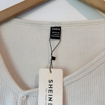 SHEIN BASICS Ribbed Long Sleeve Cropped Cardigan Top in Cream - Size L