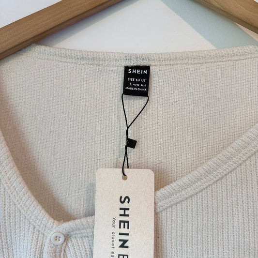 SHEIN BASICS Ribbed Long Sleeve Cropped Cardigan Top in Cream - Size L