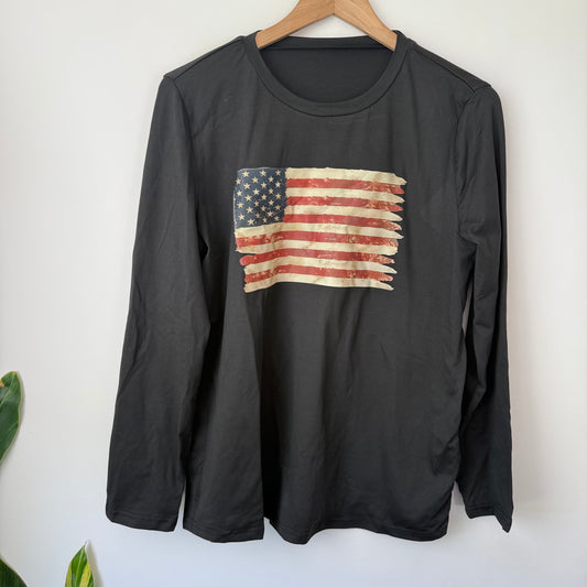 SHEIN Long Sleeve T-Shirt Flag Graphic Black - Size L