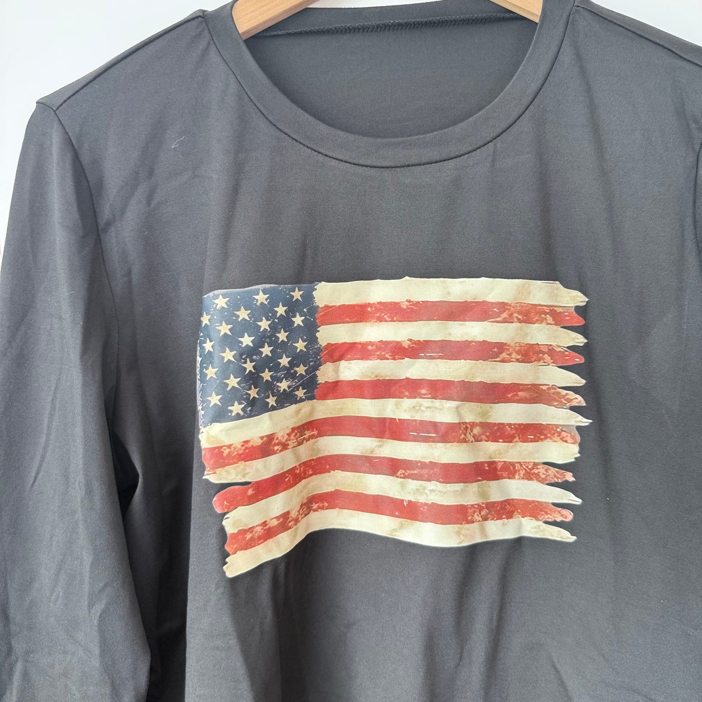 SHEIN Long Sleeve T-Shirt Flag Graphic Black - Size L