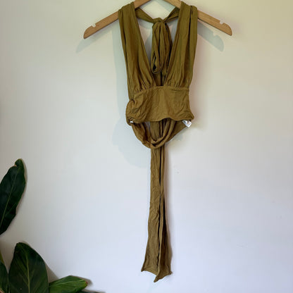 SHEIN Multi-Way Tie Crop Top Khaki Olive Size S