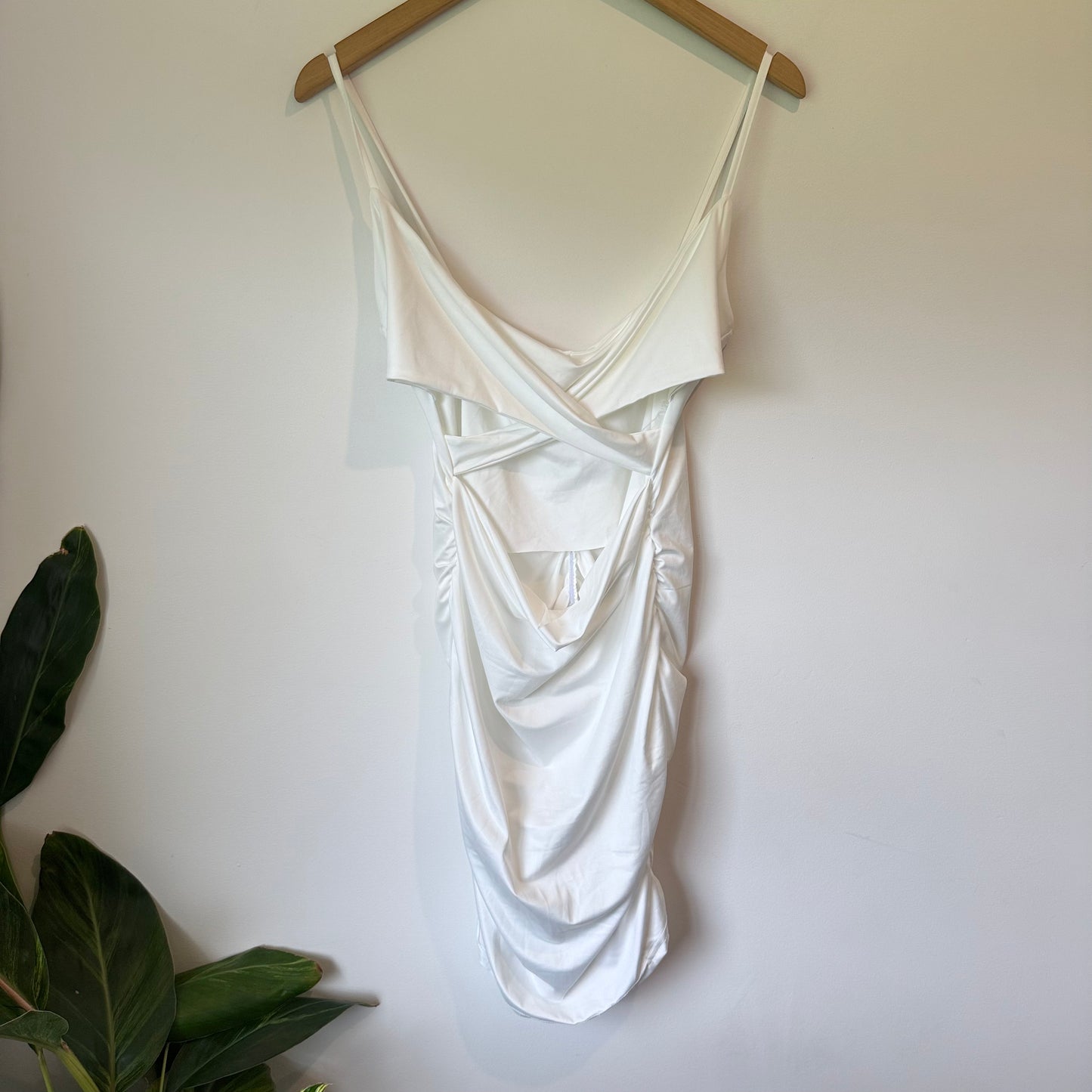 SHEIN Ruched Satin Cowl Back White Mini Dress - Size L