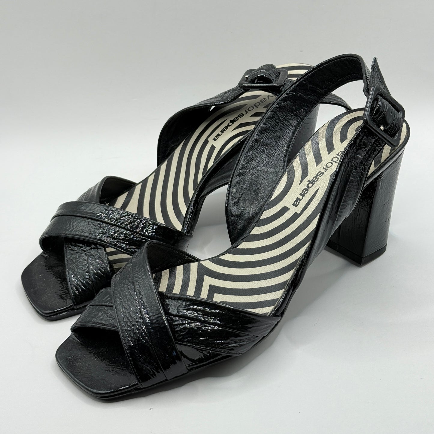 Salvador Sapena Black Patent Leather Block Heel Sandals (Size 38.5)