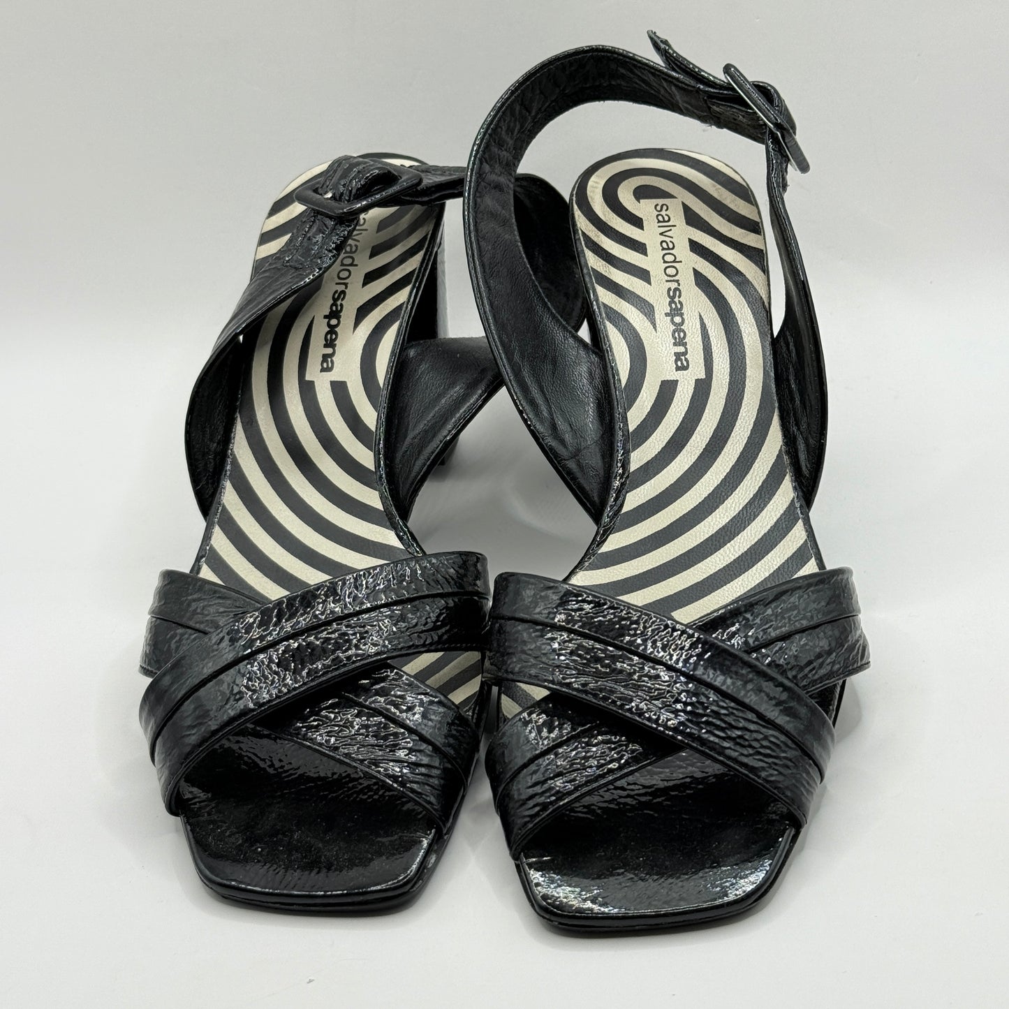 Salvador Sapena Black Patent Leather Block Heel Sandals (Size 38.5)