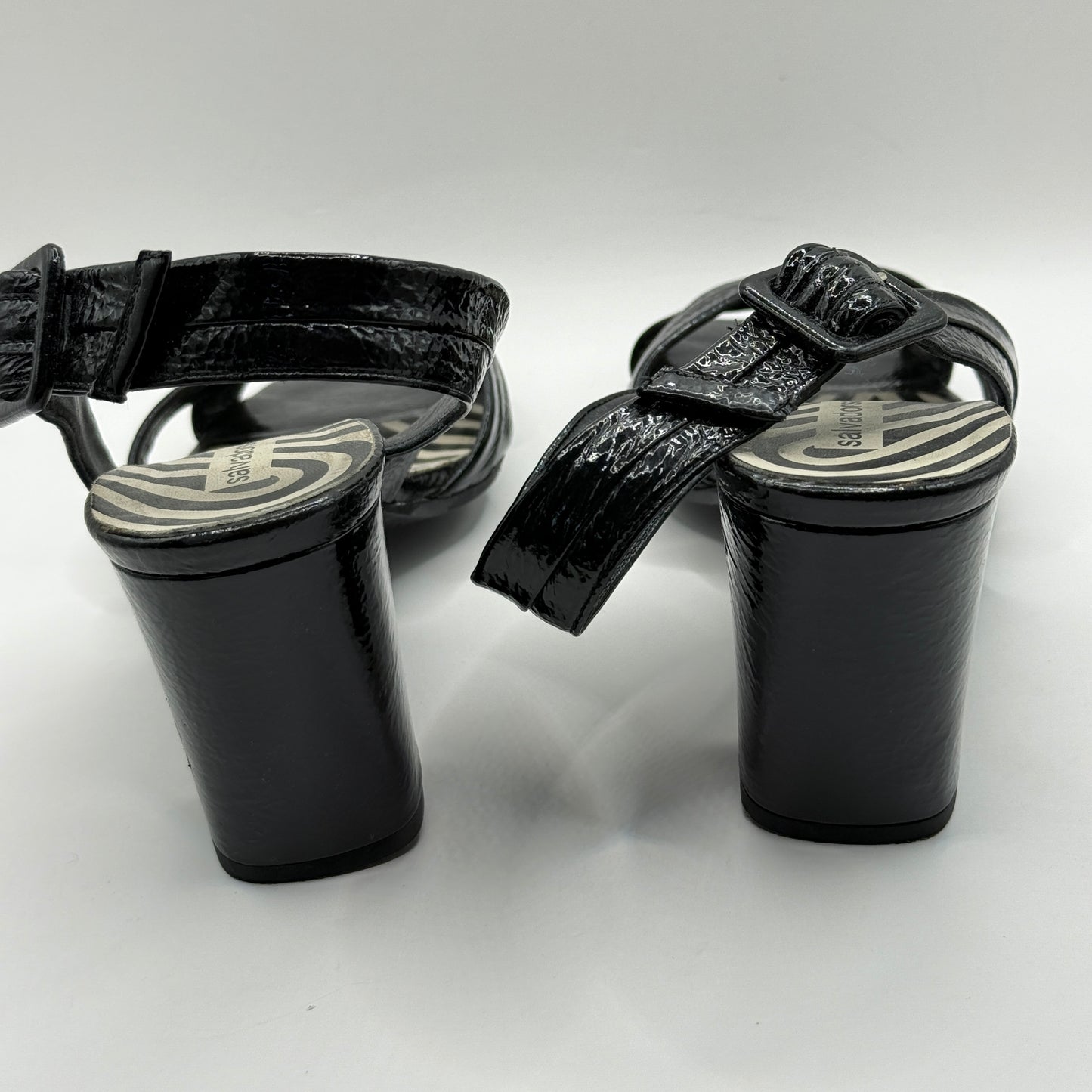 Salvador Sapena Black Patent Leather Block Heel Sandals (Size 38.5)