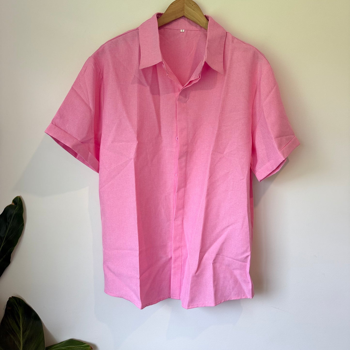 Short Sleeve Button Up Shirt Pink Size L
