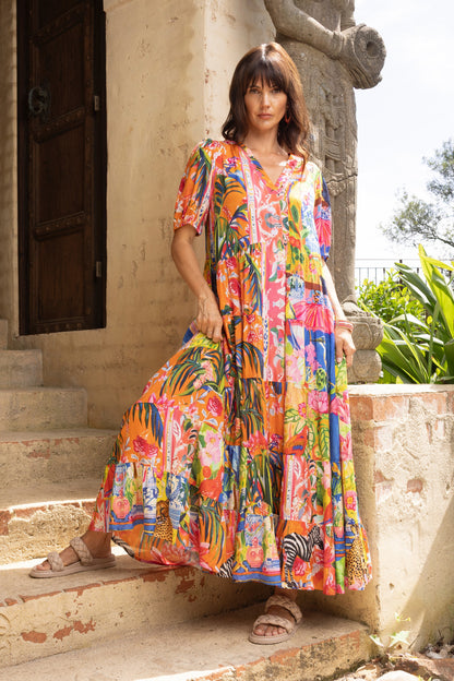 Orientique Stefania V-Neck Maxi Dress Print Size 8 XXS