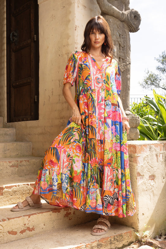 Orientique Stefania V-Neck Maxi Dress Print Size 8 XXS