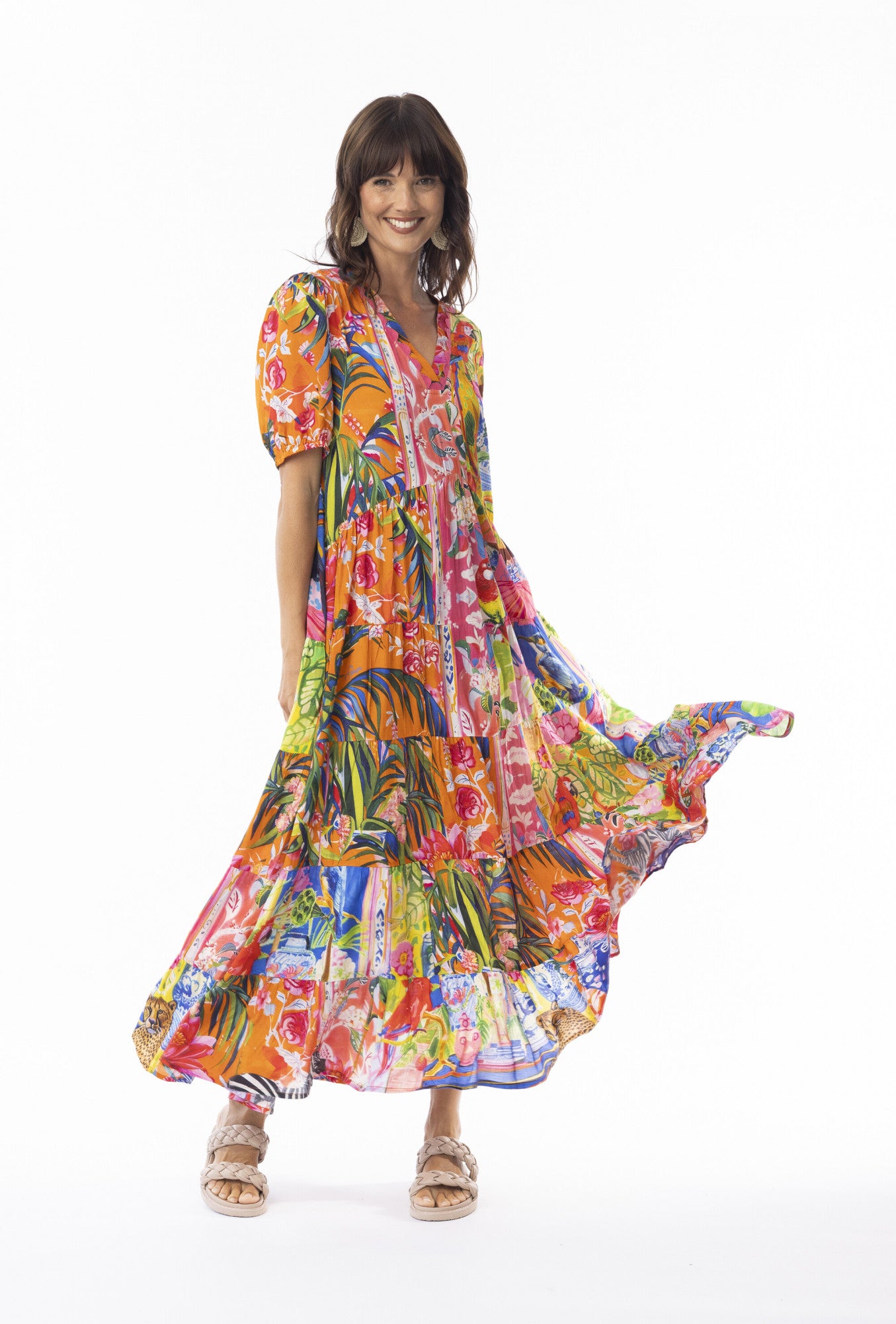 Orientique Stefania V-Neck Maxi Dress Print Size 8 XXS