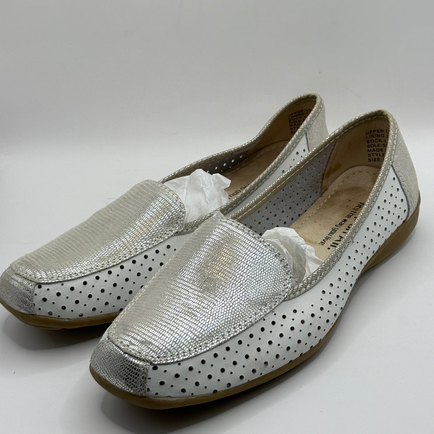 Step On Air White & Silver Metallic Perforated Flats (Size 9)