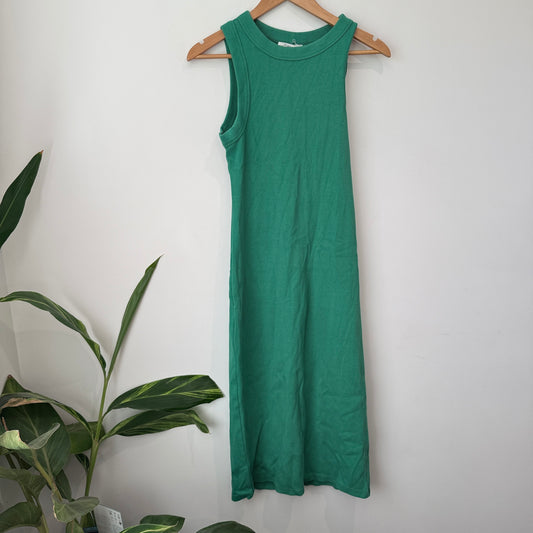 Mineral Green Sleeveless Ribbed Viscose Midi Dress. Size S