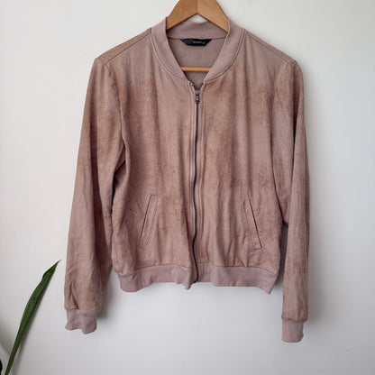 Product Details: taupe suede-effect bomber jacket