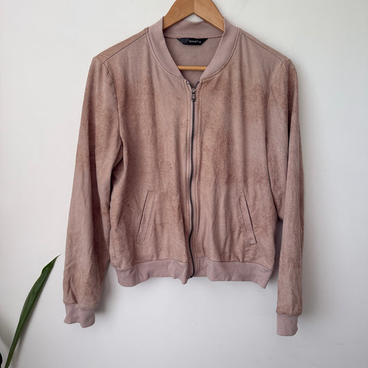 Product Details: taupe suede-effect bomber jacket