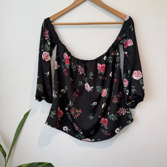 Product Details:  floral print off-the-shoulder top