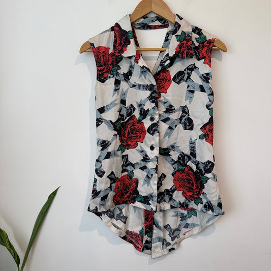 Product Details: red rose floral pattern sleeveless shirt