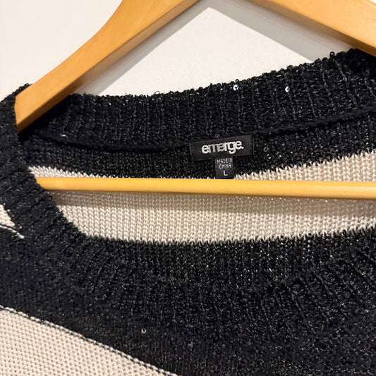 Emerge Black And Beige Striped Crewneck Sweater Size L