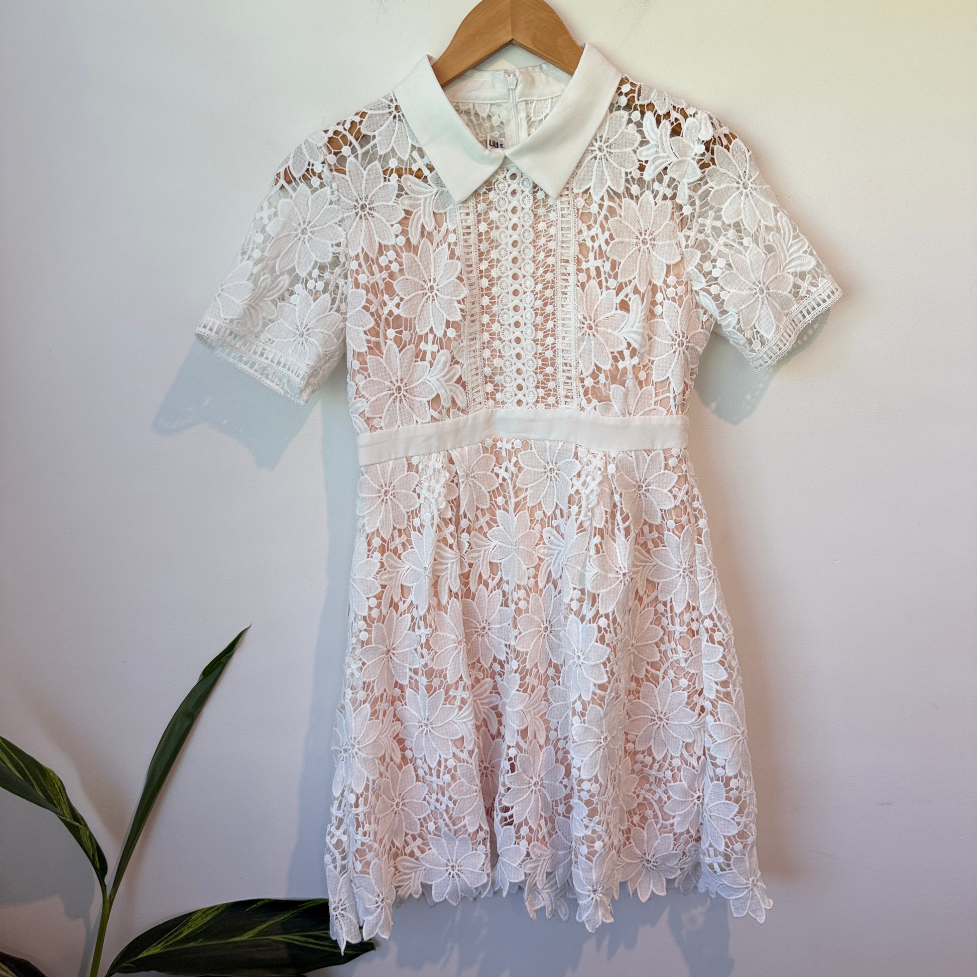 Brand Unknown Ivory Lace Shirt Mini Belted Dress Size M | U/Arm to U/Arm 39cm
