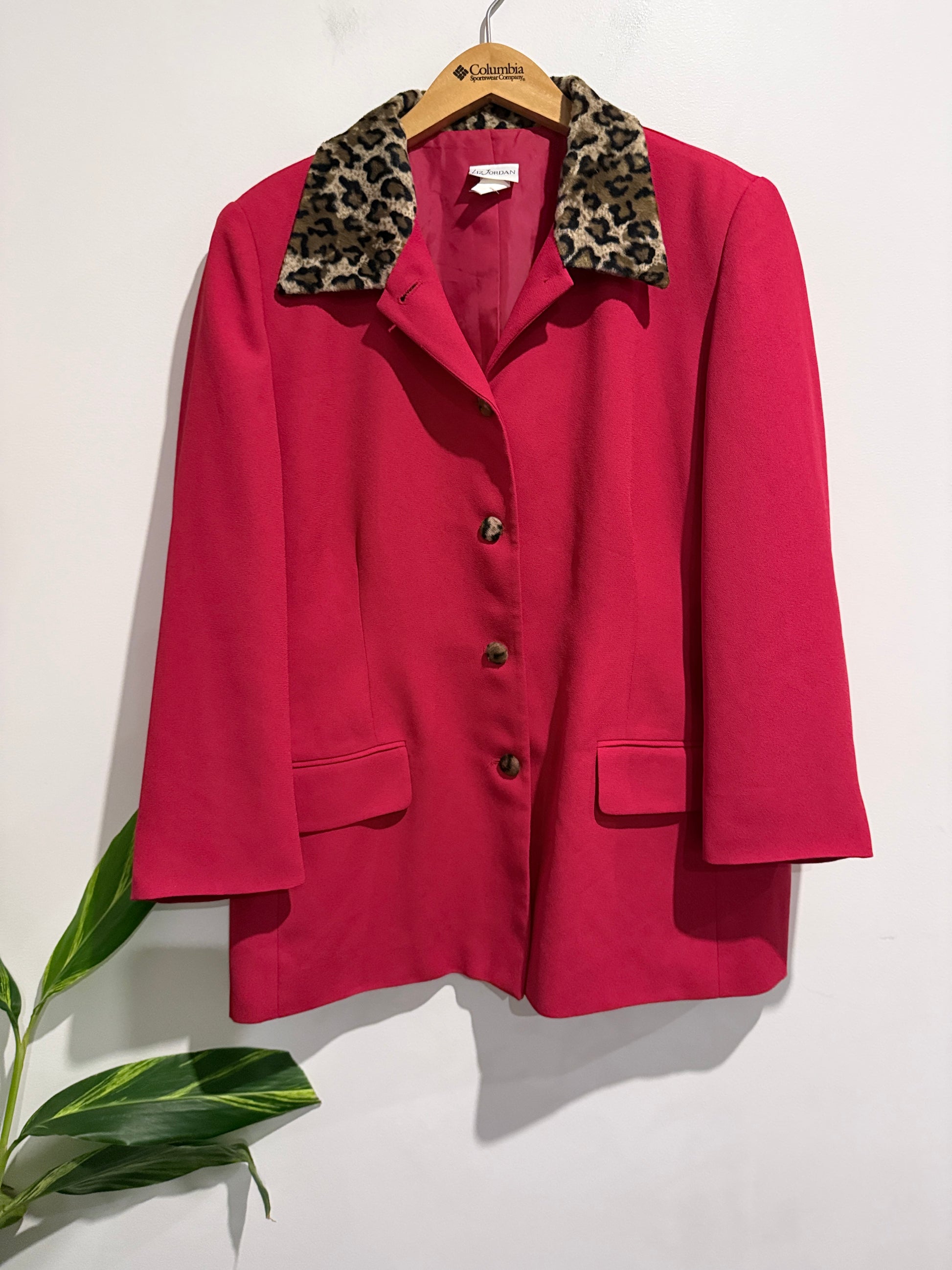 Liz Jordan Deep Pink Blazer With Leopard Print Collar Size 18 | U/Arm to U/Arm 58cm
