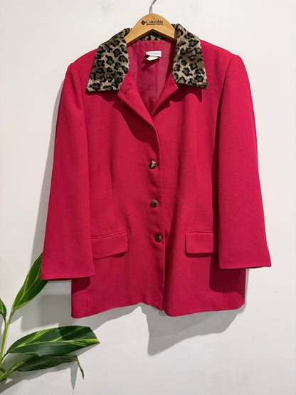 Liz Jordan Deep Pink Blazer With Leopard Print Collar Size 18 | U/Arm to U/Arm 58cm