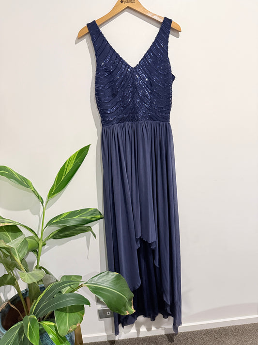 Brand Unknown Navy Blue V-neck Sequin High-low Evening Dress