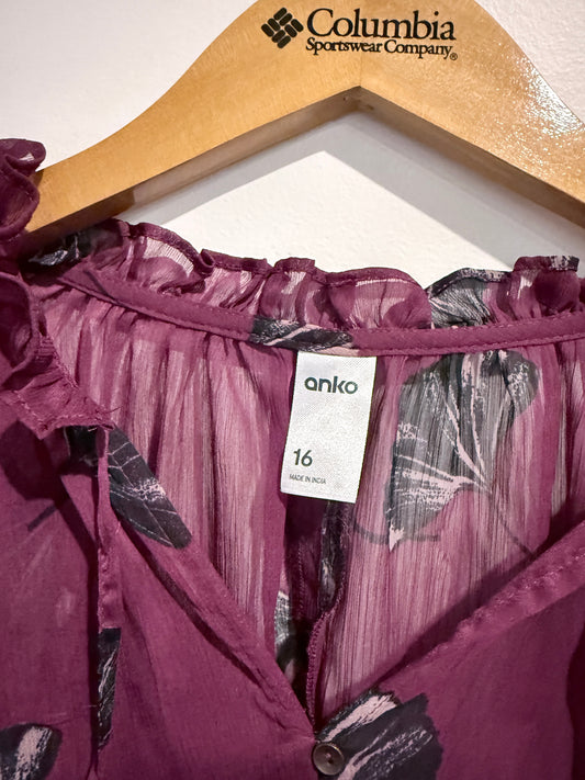 Anko Burgundy Jacquard Ruffle Blouse Size 16