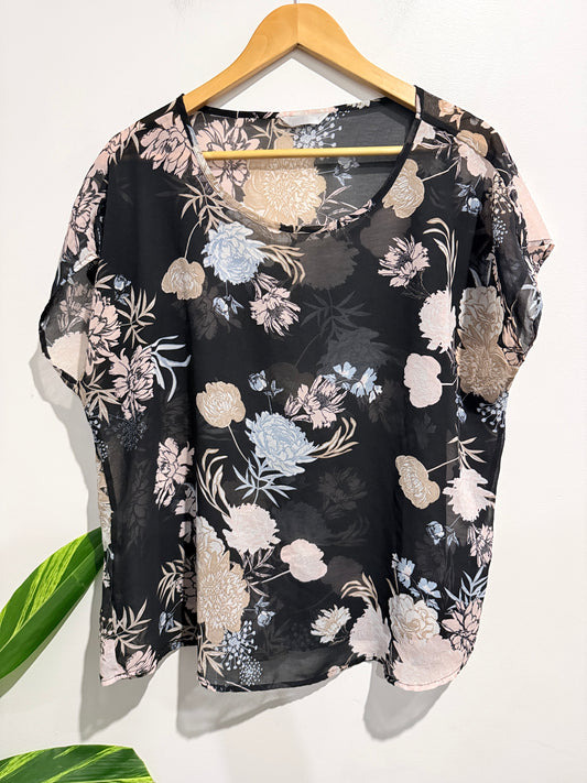 Brand Unknown Black Floral Short-sleeve Sheer Top