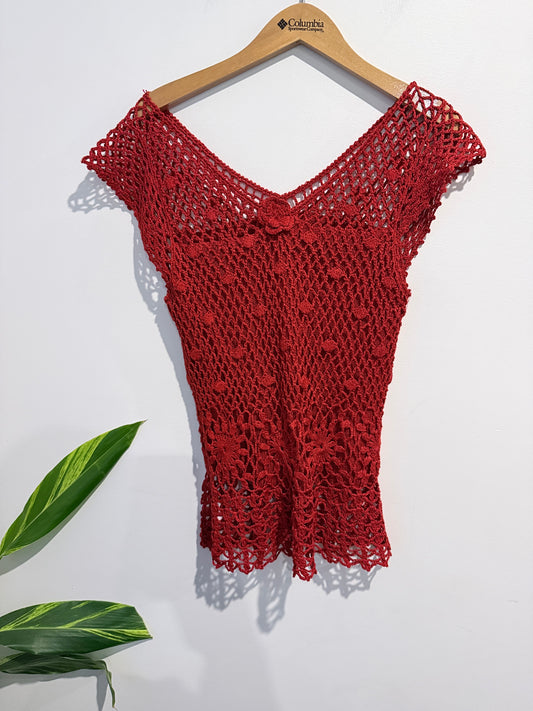 Brand Unknown Cherry Red Crochet Net Top Size U/Arm to U/Arm 43cm