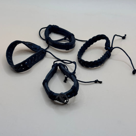 4x Black Faux Leather Bracelet Set