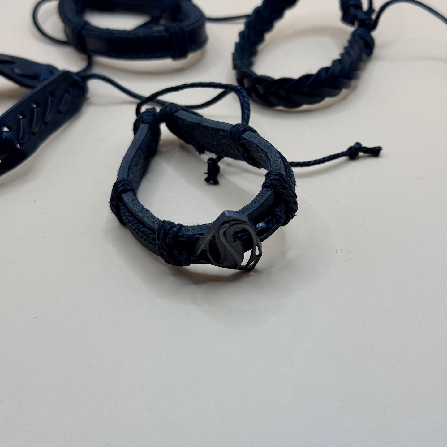4x Black Faux Leather Bracelet Set