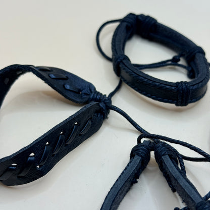 4x Black Faux Leather Bracelet Set