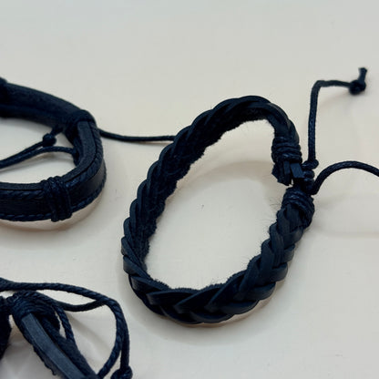 4x Black Faux Leather Bracelet Set