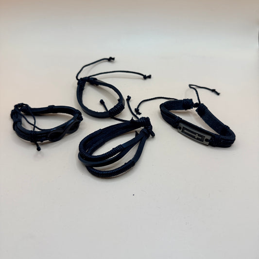 4x Faux Leather Black Adjustable Bracelet Set